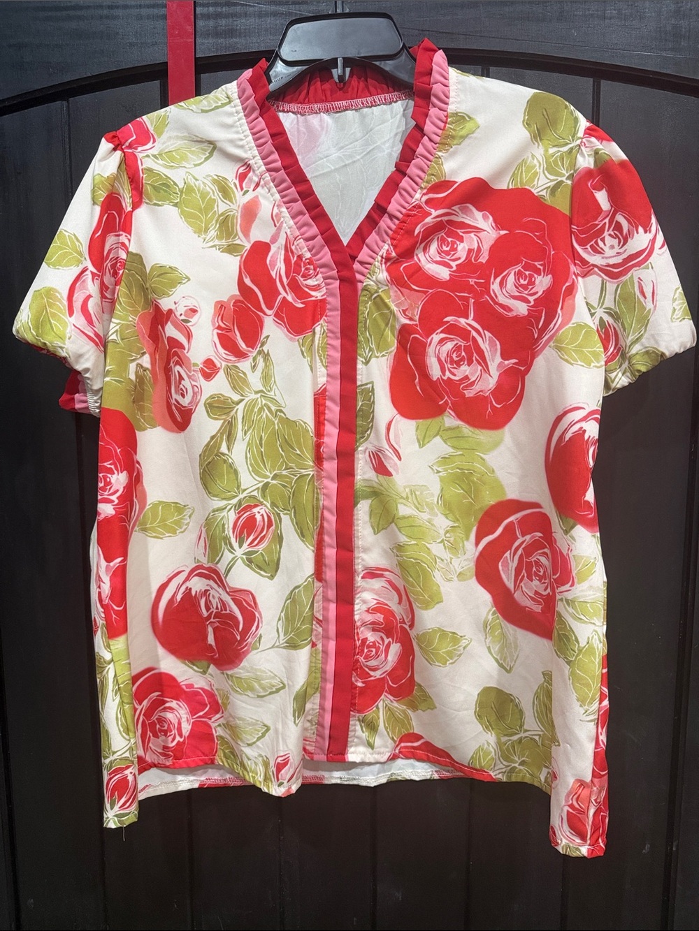 Scarlett Cream Blouse with Red Rose Print and Green Leaves